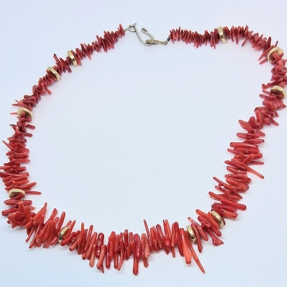 * Vintage Red Branch Coral With Brass Beads Necklace